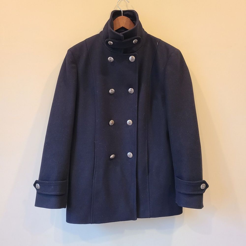 Saint James Womens 100% Wool Jacket Navy Sz 12 Nautical Double Breasted Pea Coat